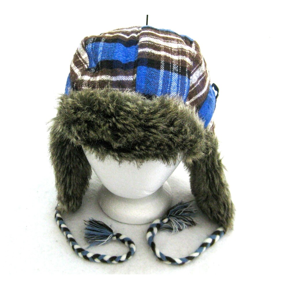 American Eagle Trapper Winter Hat Adult Large - XL Blue Plaid Faux Fur Lined